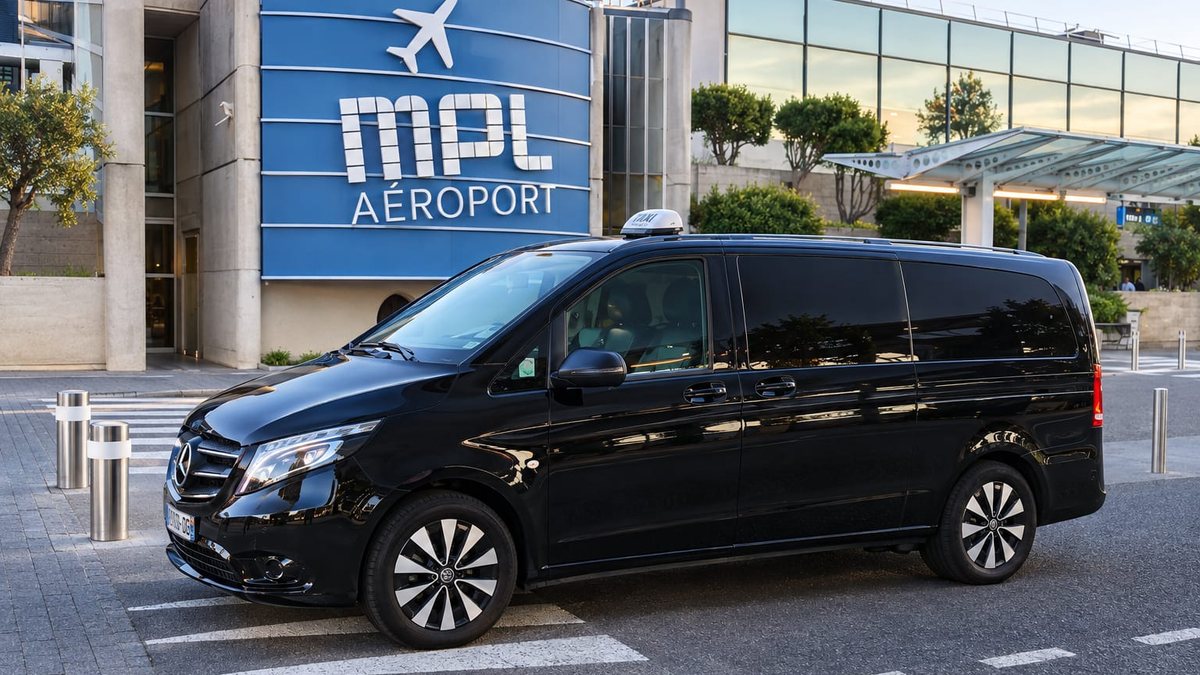 Van Mercedes A2A Taxi devant l'aéroport de Montpellier (MPL) – transferts aéroport