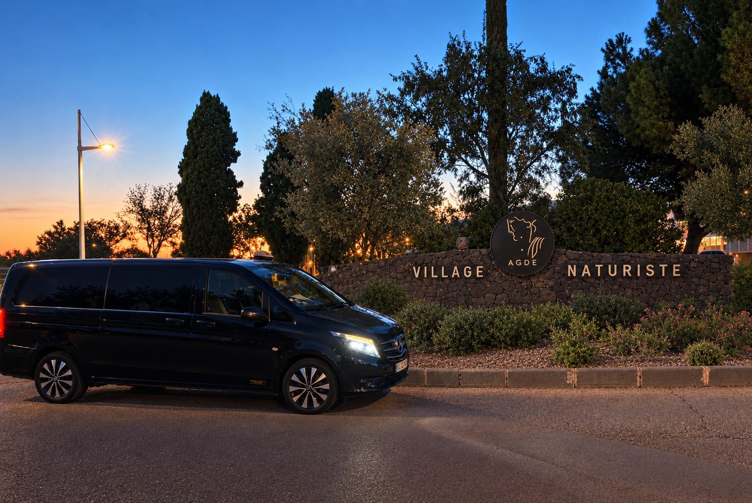 A2A Taxi van at the entrance of Cap d’Agde Naturist Village